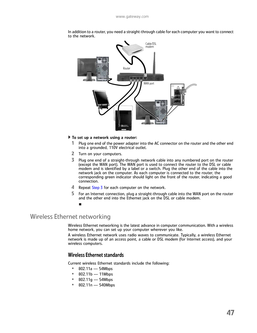 Gateway GM5457H manual Wireless Ethernet networking, Wireless Ethernet standards 