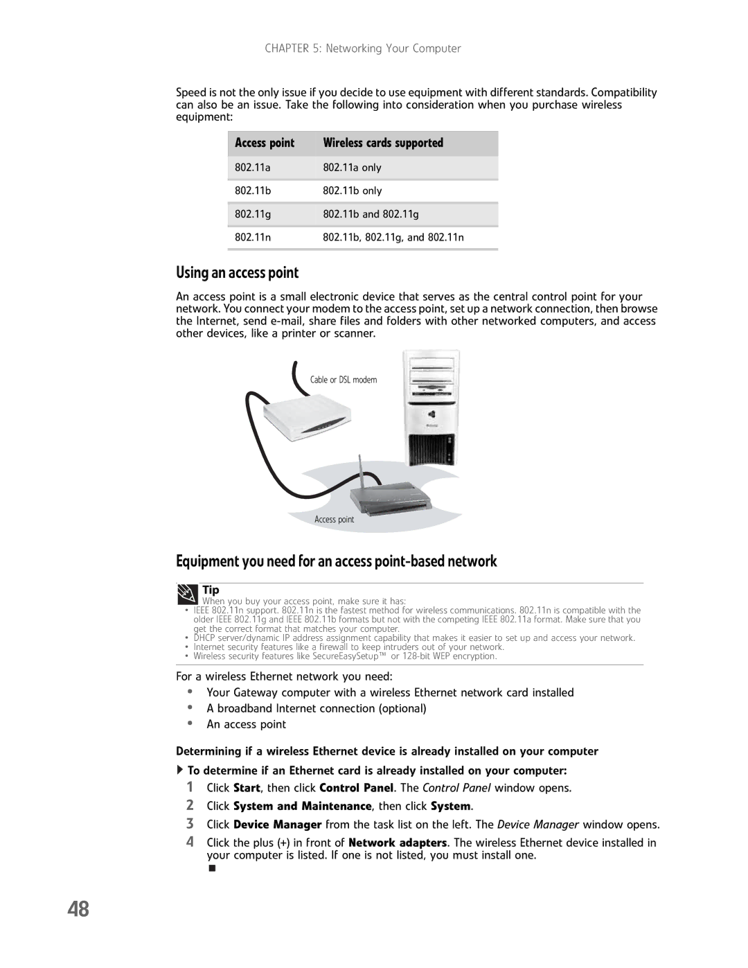 Gateway GM5457H manual Using an access point, Equipment you need for an access point-based network 