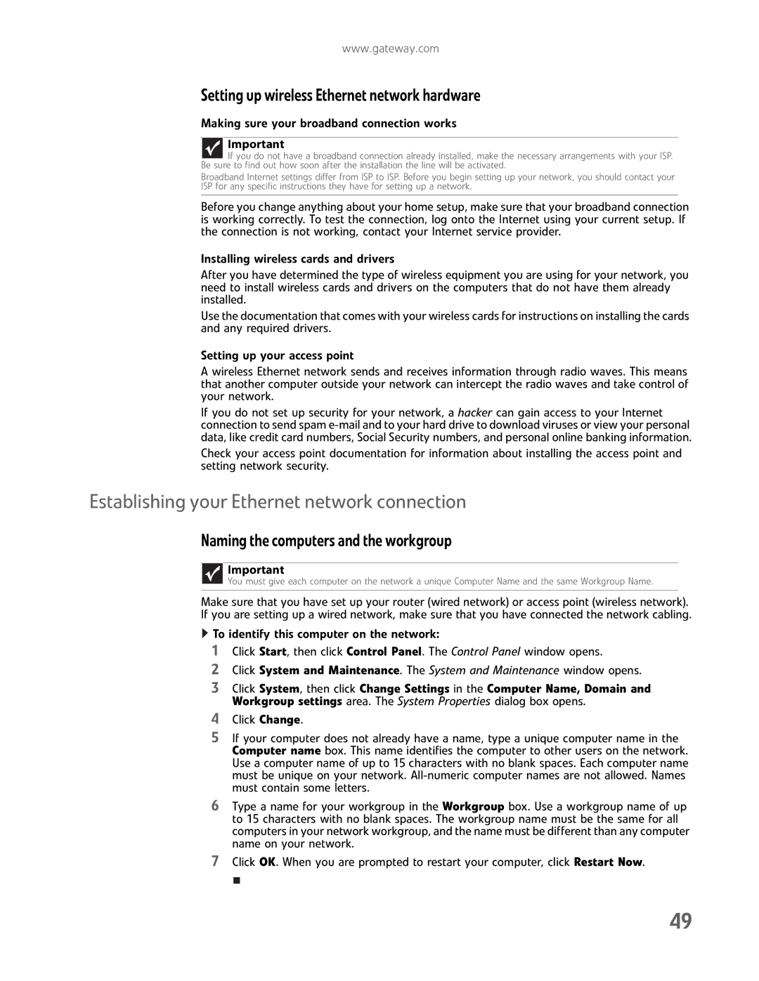 Gateway GM5457H manual Establishing your Ethernet network connection, Setting up wireless Ethernet network hardware 