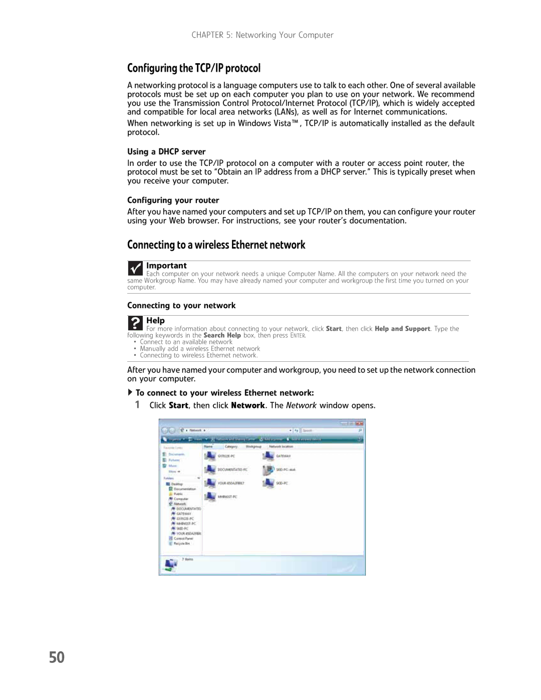 Gateway GM5457H manual Configuring the TCP/IP protocol, Connecting to a wireless Ethernet network 