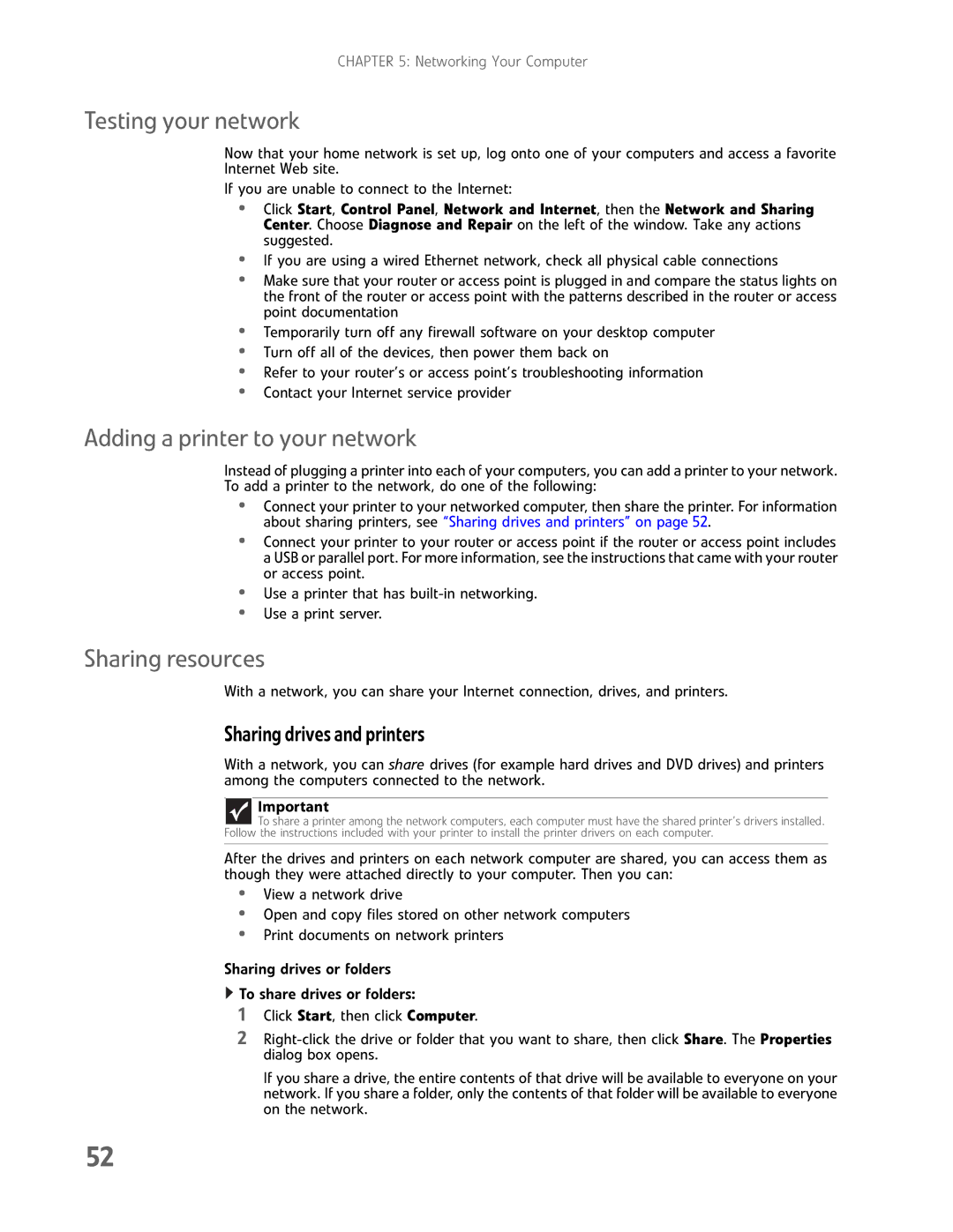 Gateway GM5457H Testing your network, Adding a printer to your network, Sharing resources, Sharing drives and printers 