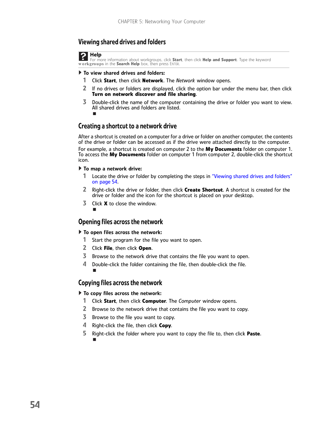 Gateway GM5457H manual Viewing shared drives and folders, Creating a shortcut to a network drive 