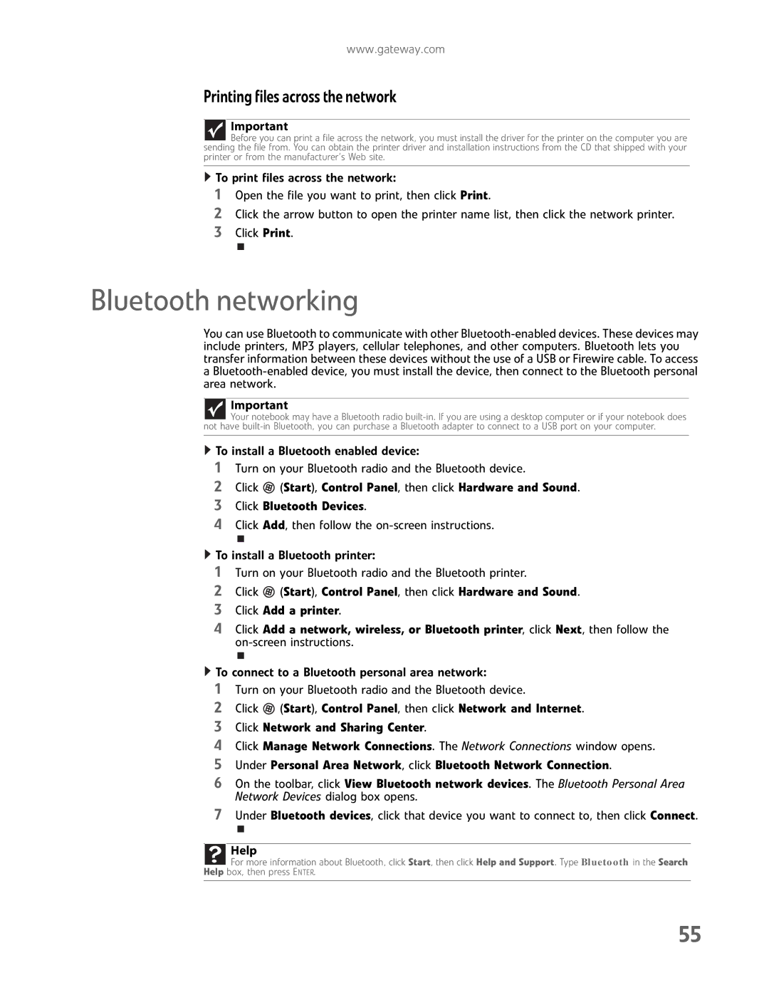 Gateway GM5457H manual Bluetooth networking, Printing files across the network 