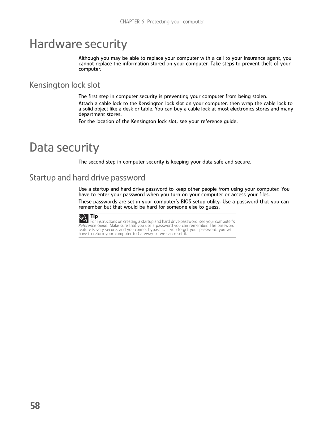 Gateway GM5457H manual Hardware security, Data security, Kensington lock slot, Startup and hard drive password 