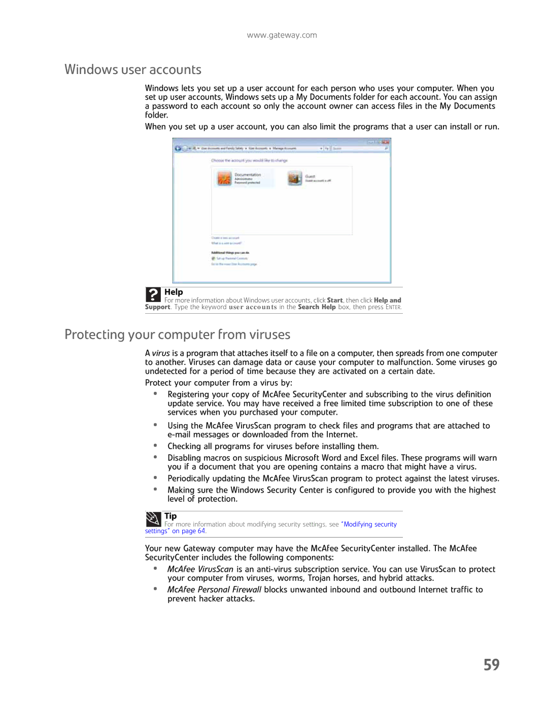 Gateway GM5457H manual Windows user accounts, Protecting your computer from viruses 