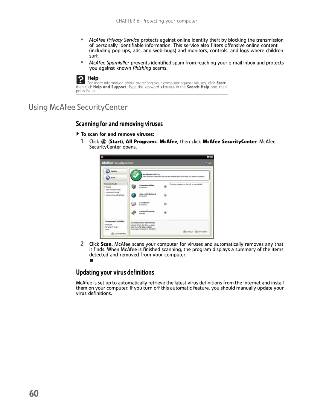 Gateway GM5457H manual Using McAfee SecurityCenter, Scanning for and removing viruses, Updating your virus definitions 