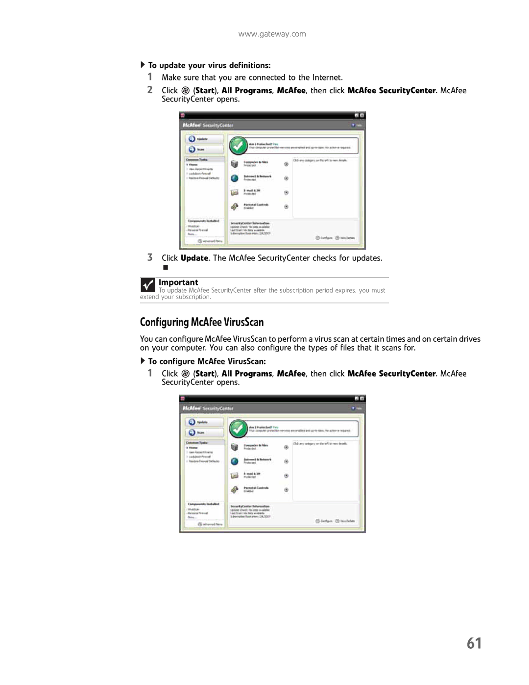 Gateway GM5457H manual Configuring McAfee VirusScan, Click Update. The McAfee SecurityCenter checks for updates 