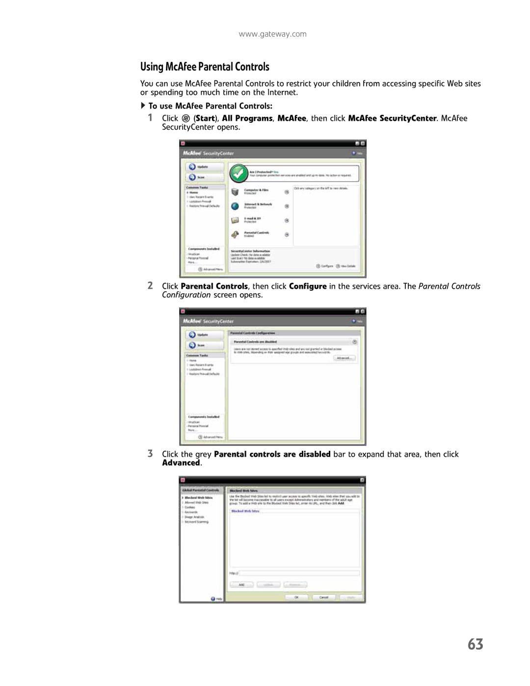 Gateway GM5457H manual Using McAfee Parental Controls 