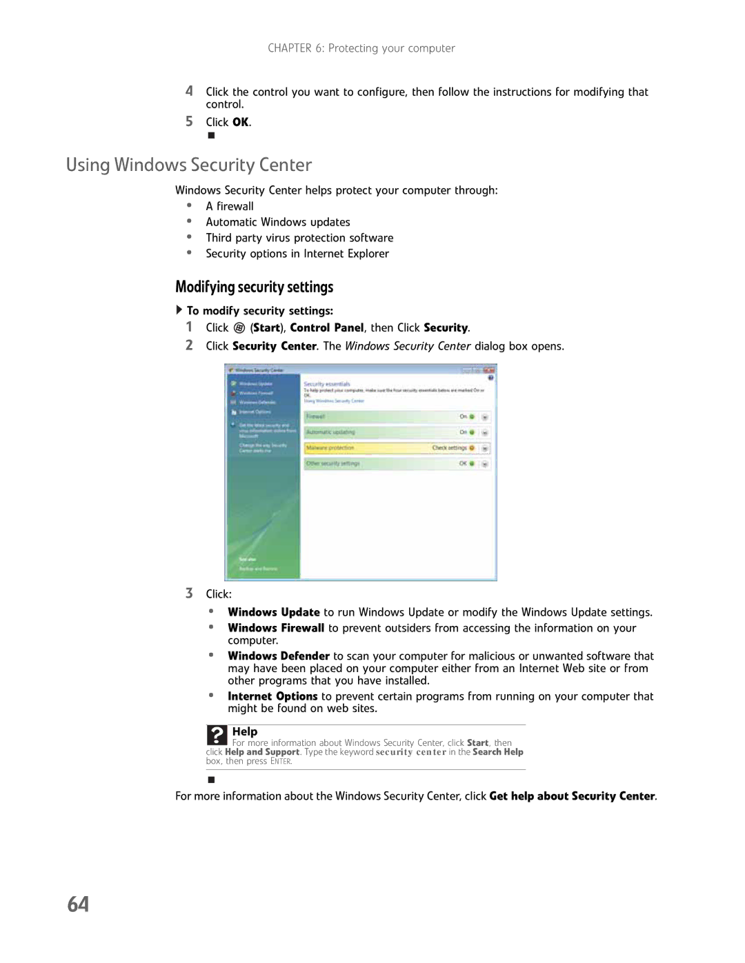 Gateway GM5457H manual Using Windows Security Center, Modifying security settings 