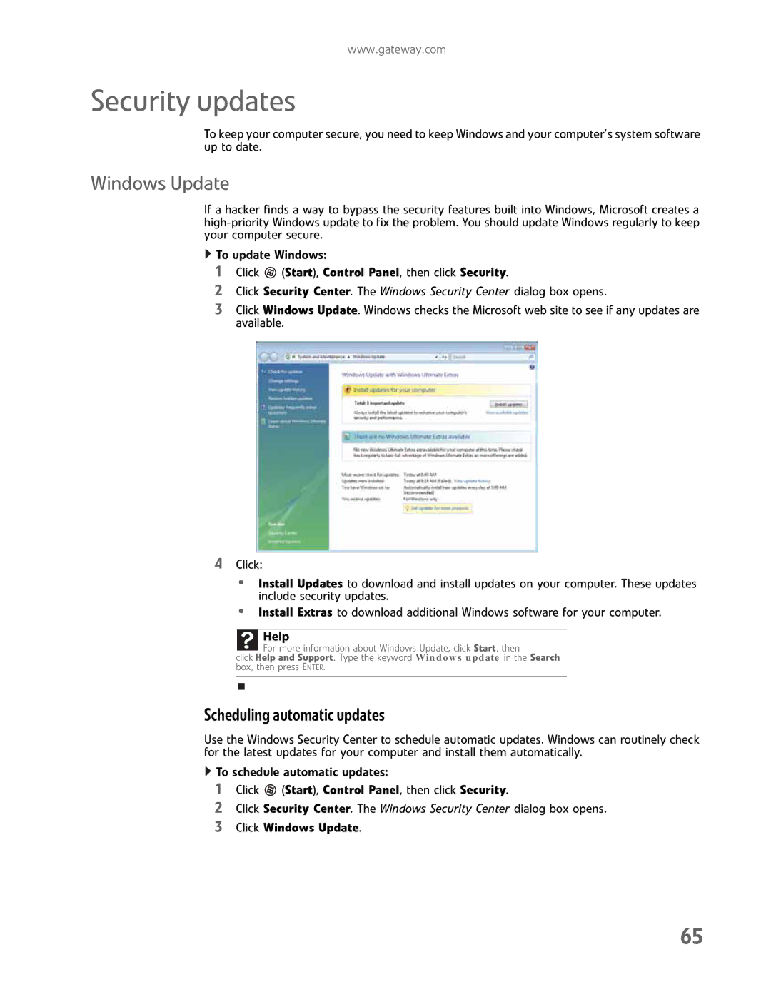 Gateway GM5457H manual Security updates, Scheduling automatic updates, Click Windows Update 