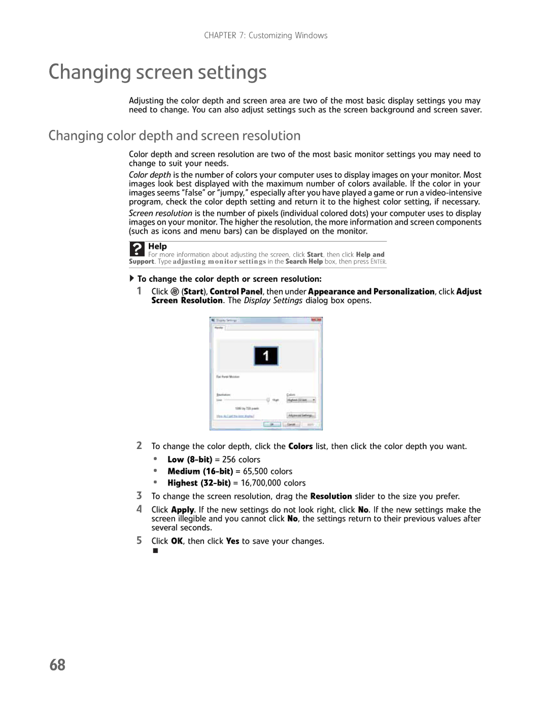 Gateway GM5457H manual Changing screen settings, Changing color depth and screen resolution 