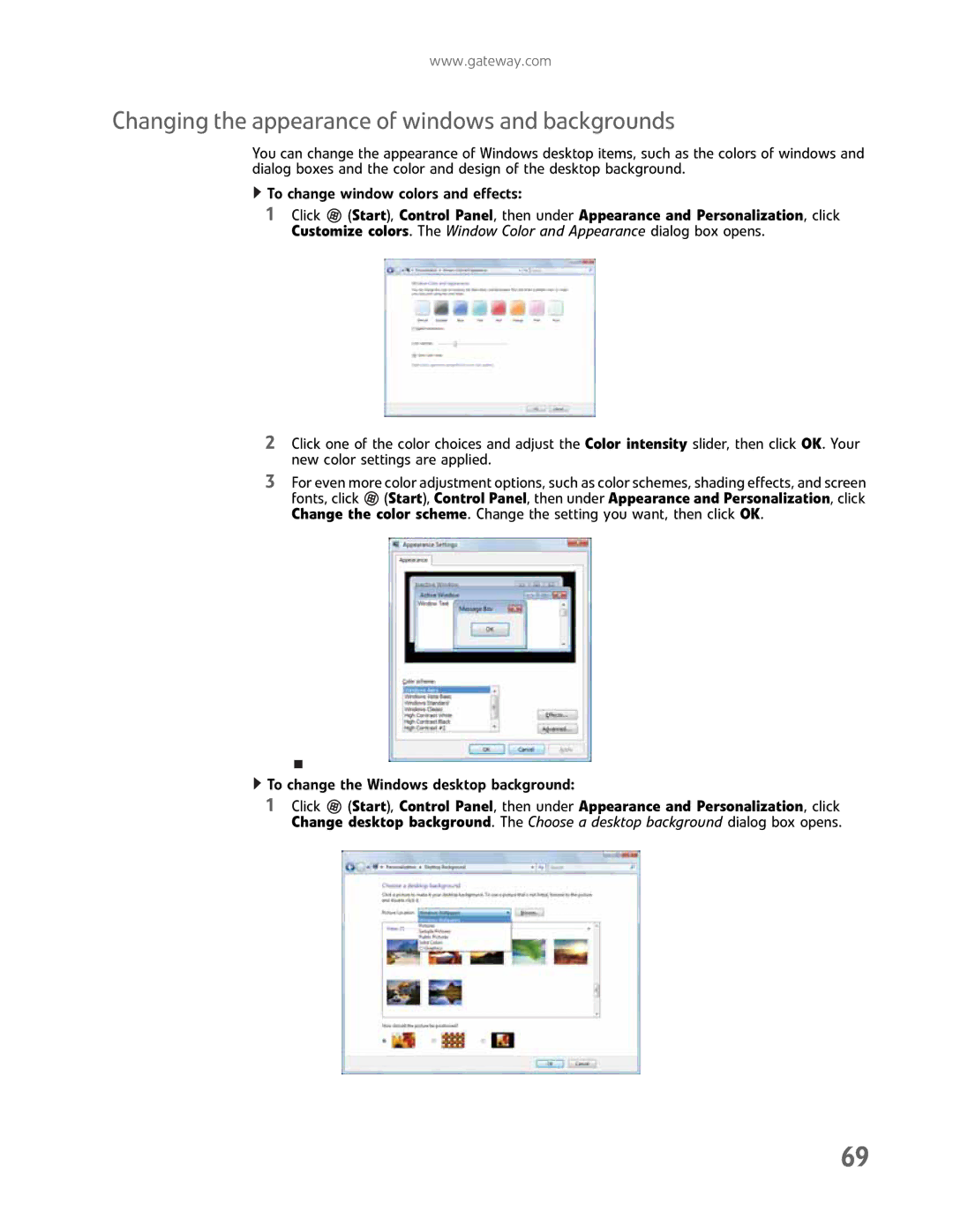 Gateway GM5457H manual Changing the appearance of windows and backgrounds, To change the Windows desktop background 