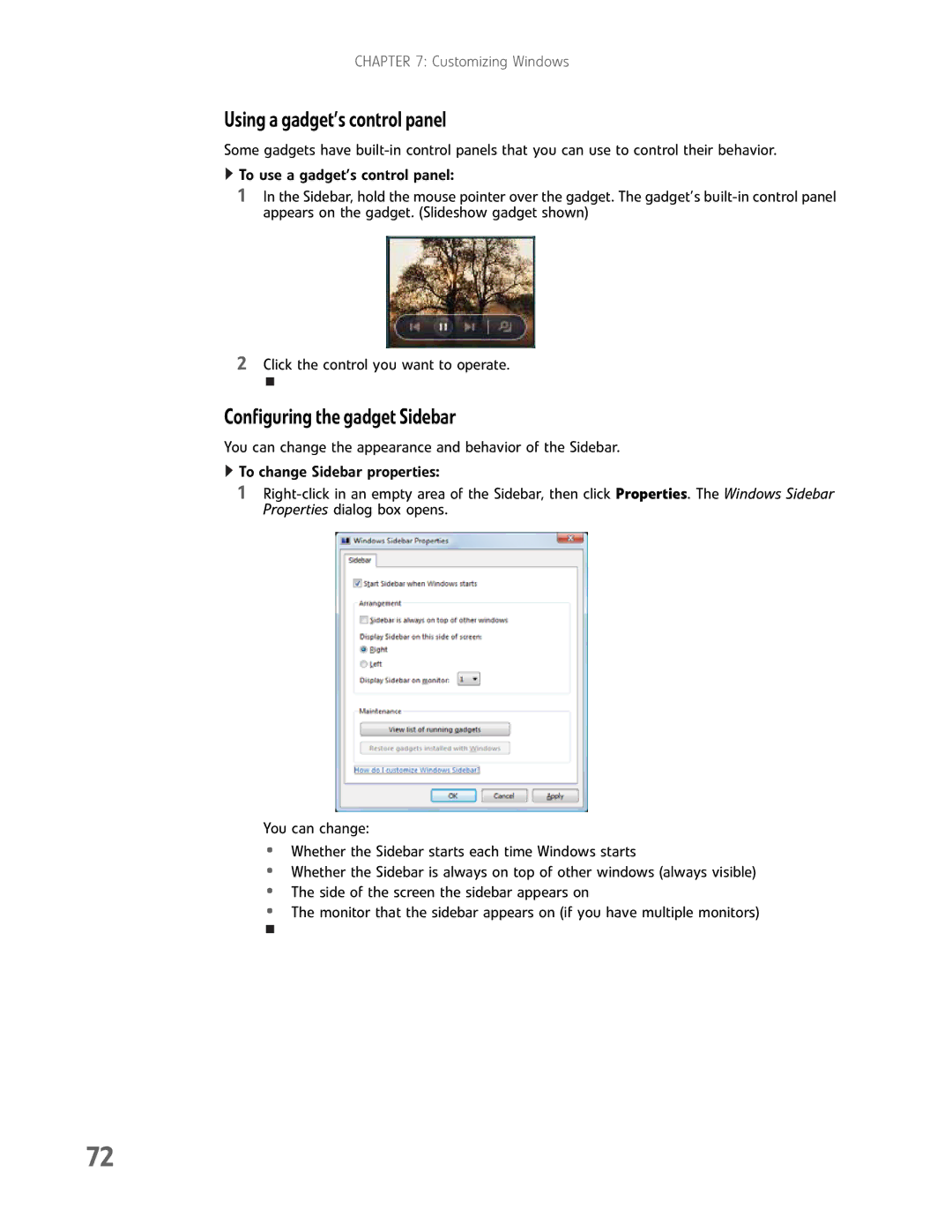 Gateway GM5457H manual Using a gadget’s control panel, Configuring the gadget Sidebar 