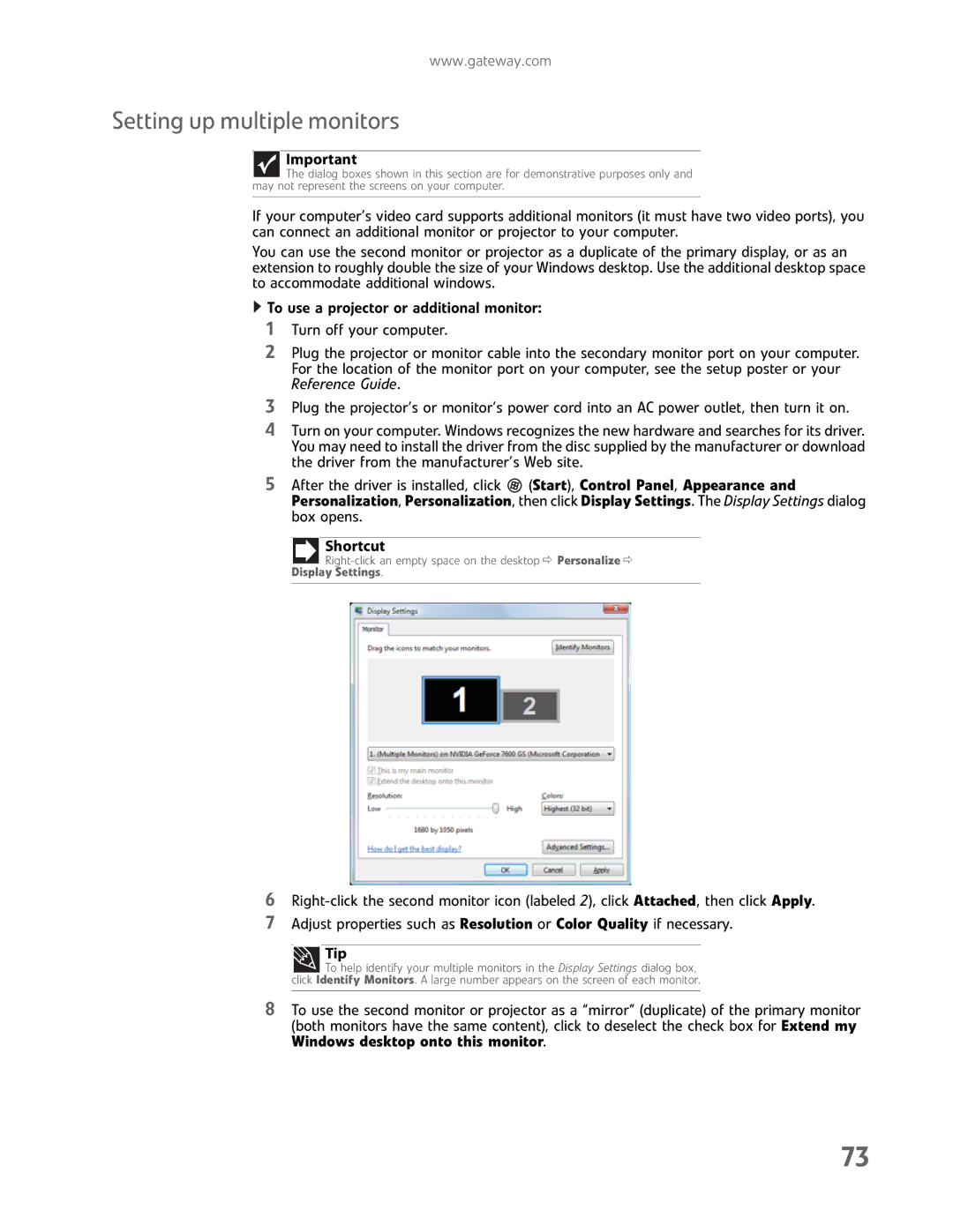 Gateway GM5457H manual Setting up multiple monitors, Shortcut 