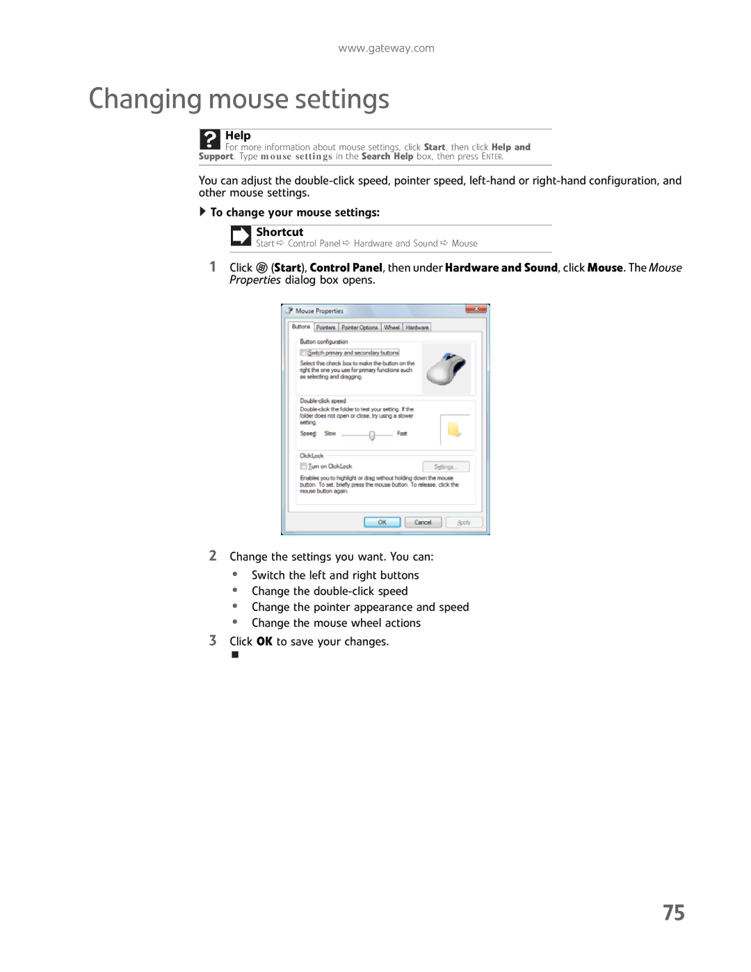 Gateway GM5457H manual Changing mouse settings, Help 