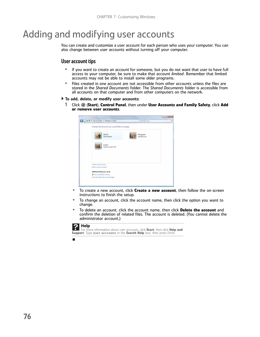 Gateway GM5457H manual Adding and modifying user accounts, User account tips 