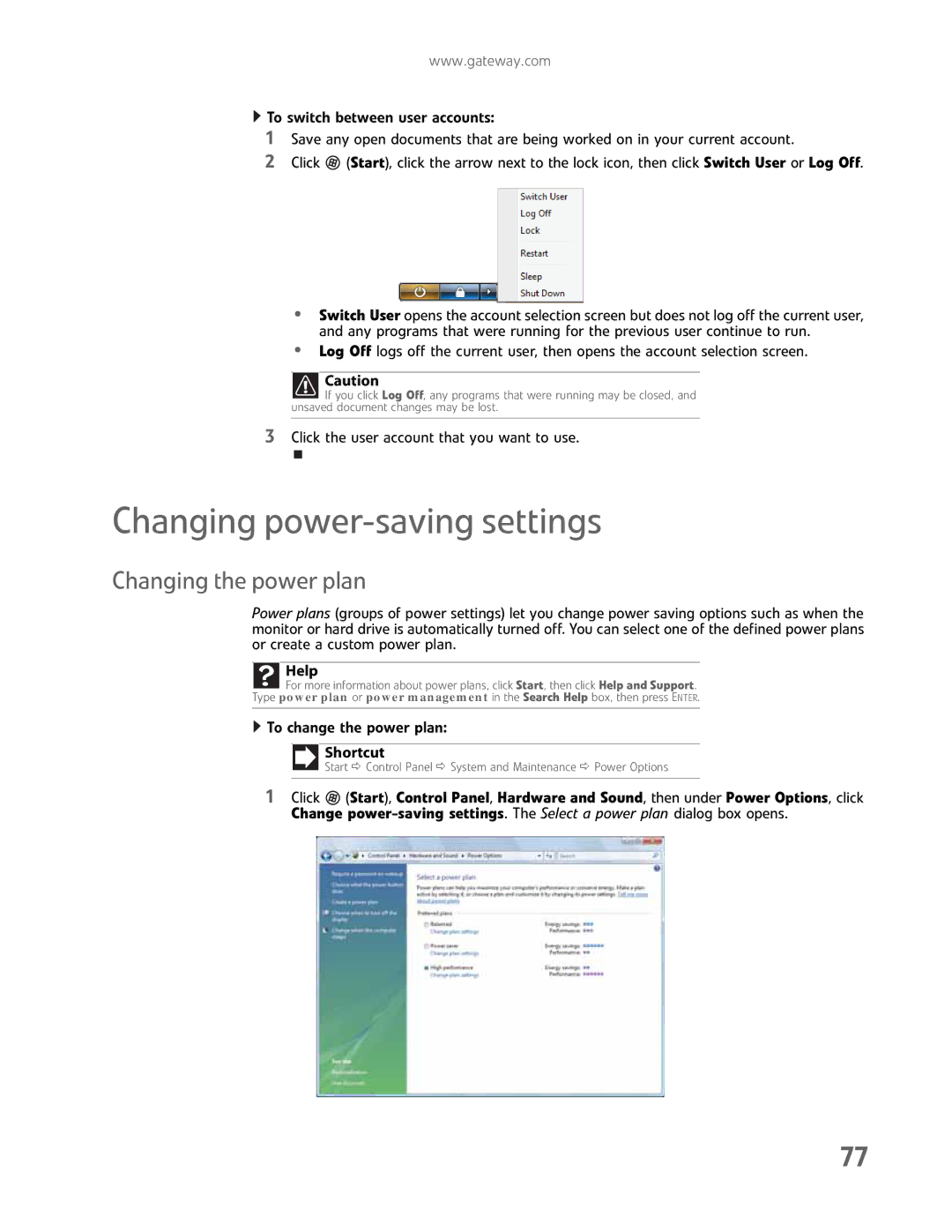 Gateway GM5457H manual Changing power-saving settings, Changing the power plan 