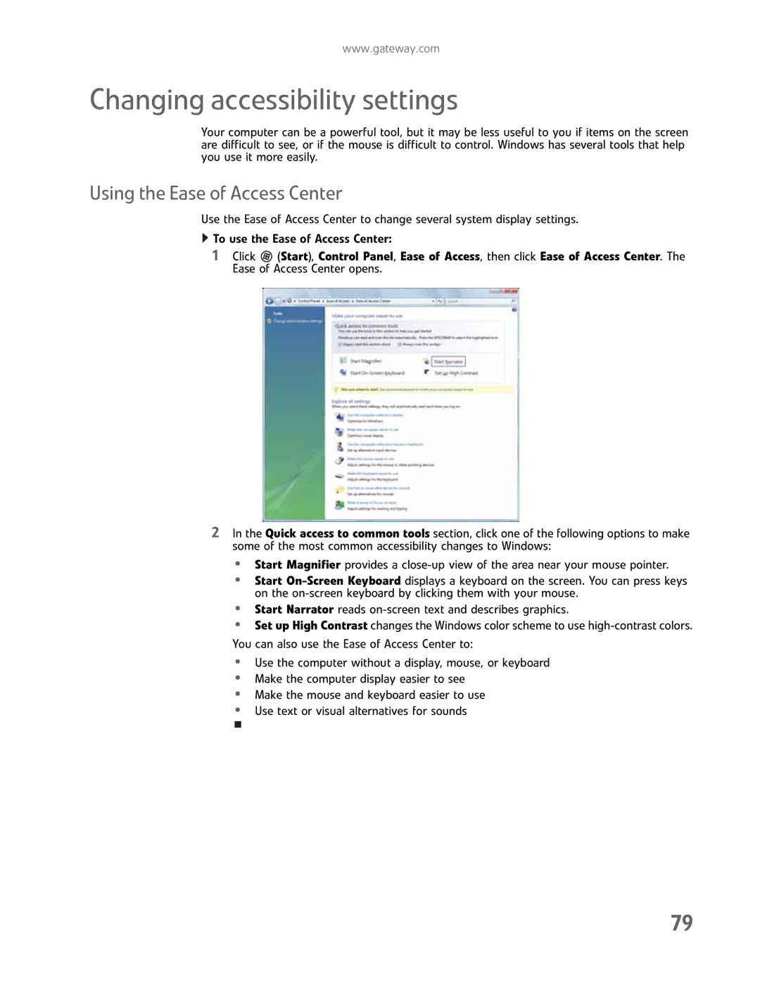 Gateway GM5457H manual Changing accessibility settings, Using the Ease of Access Center 