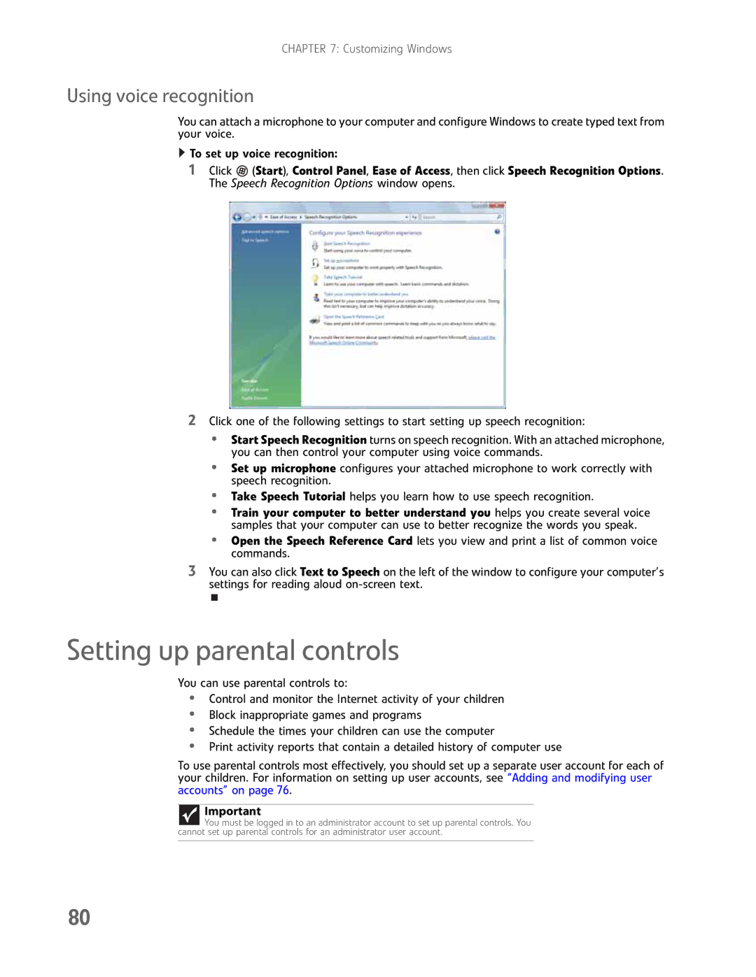 Gateway GM5457H manual Setting up parental controls, Using voice recognition 