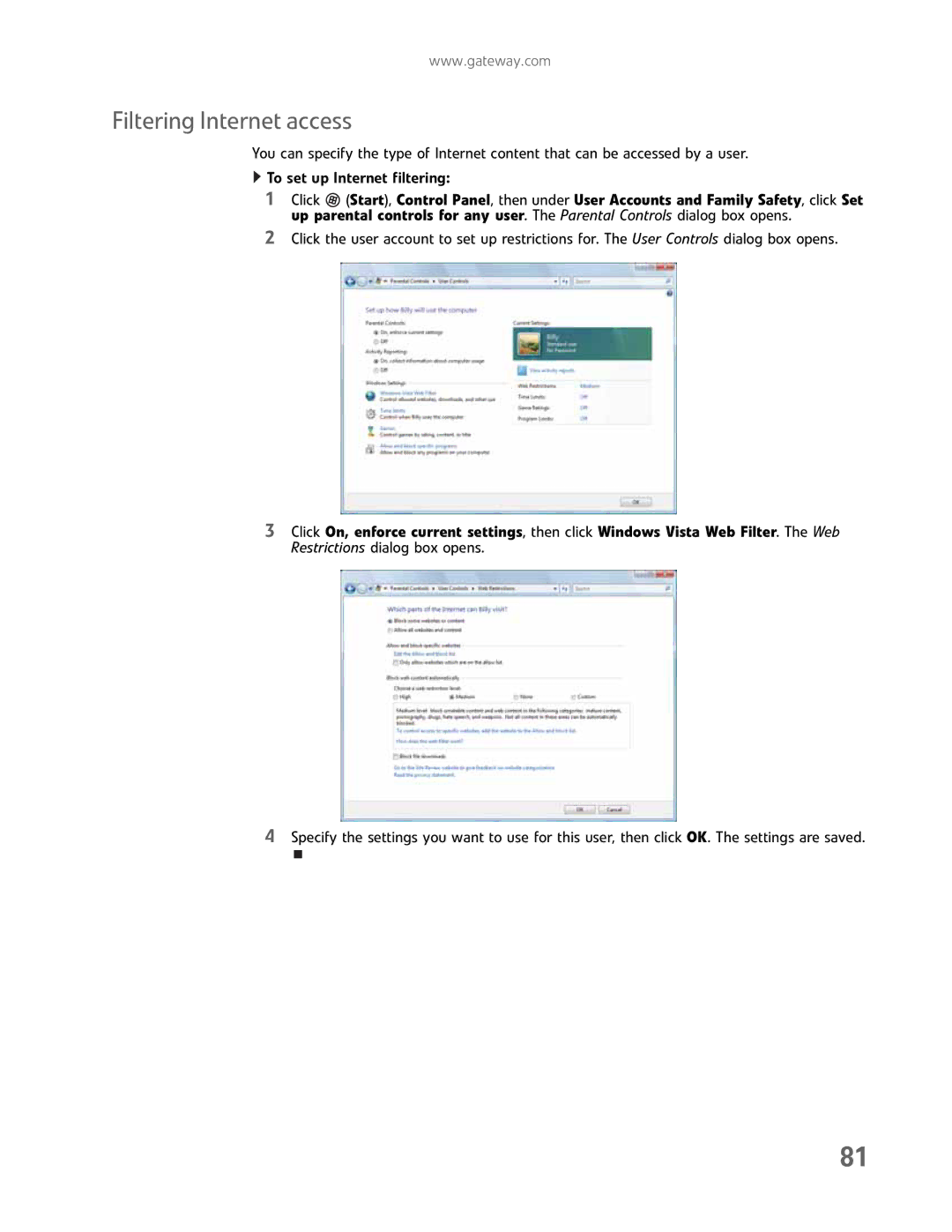 Gateway GM5457H manual Filtering Internet access 