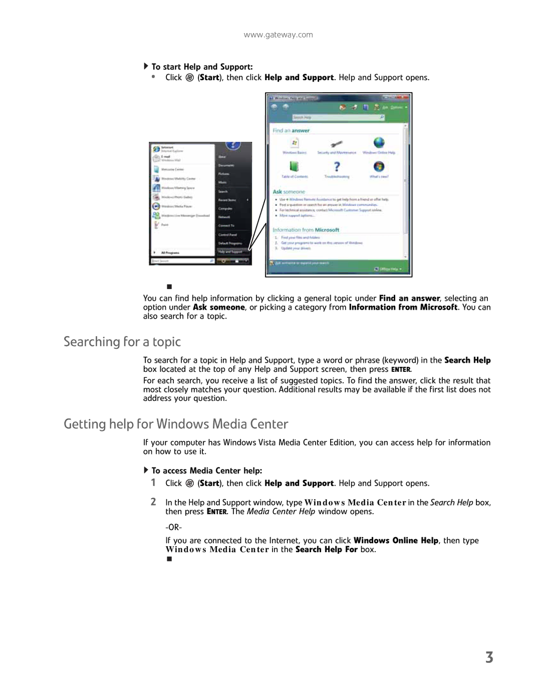 Gateway GM5457H manual Searching for a topic, Getting help for Windows Media Center 