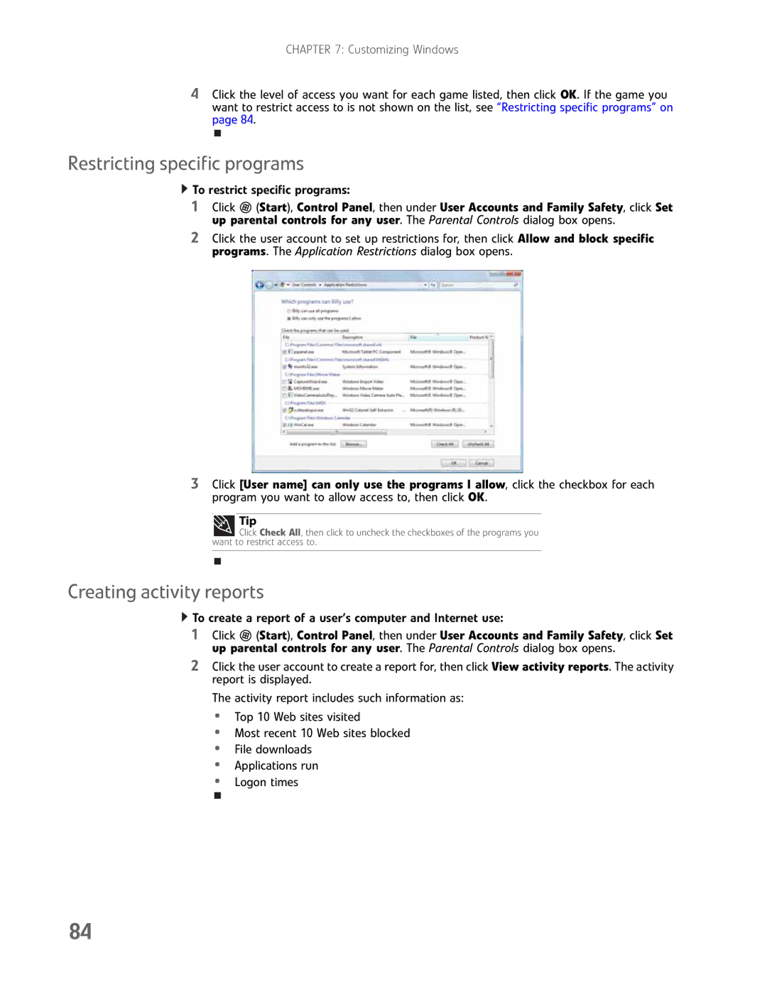 Gateway GM5457H manual Restricting specific programs, Creating activity reports 