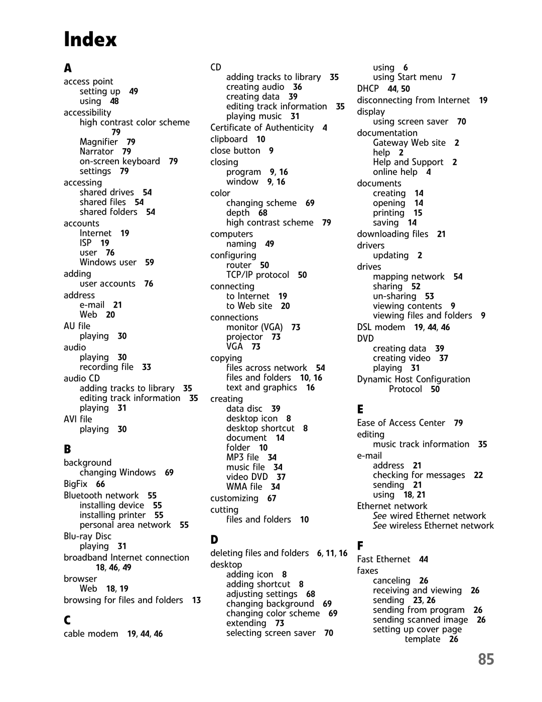 Gateway GM5457H manual Index 