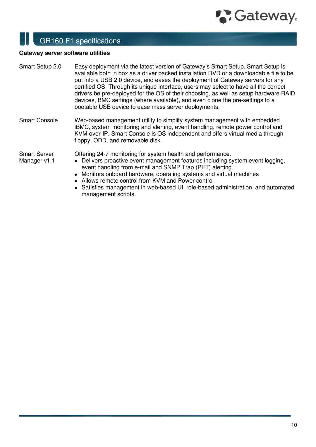 Gateway GR160 F1 specifications Gateway server software utilities 