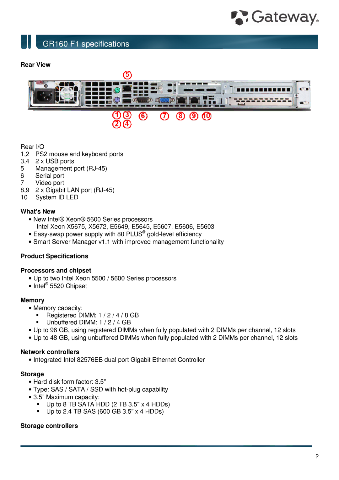 Gateway GR160 F1 Rear View, Whats New, Product Specifications Processors and chipset, Memory, Network controllers, Storage 