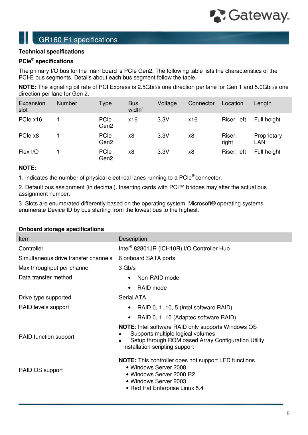 Gateway GR160 F1 Technical specifications PCIe specifications, Onboard storage specifications 