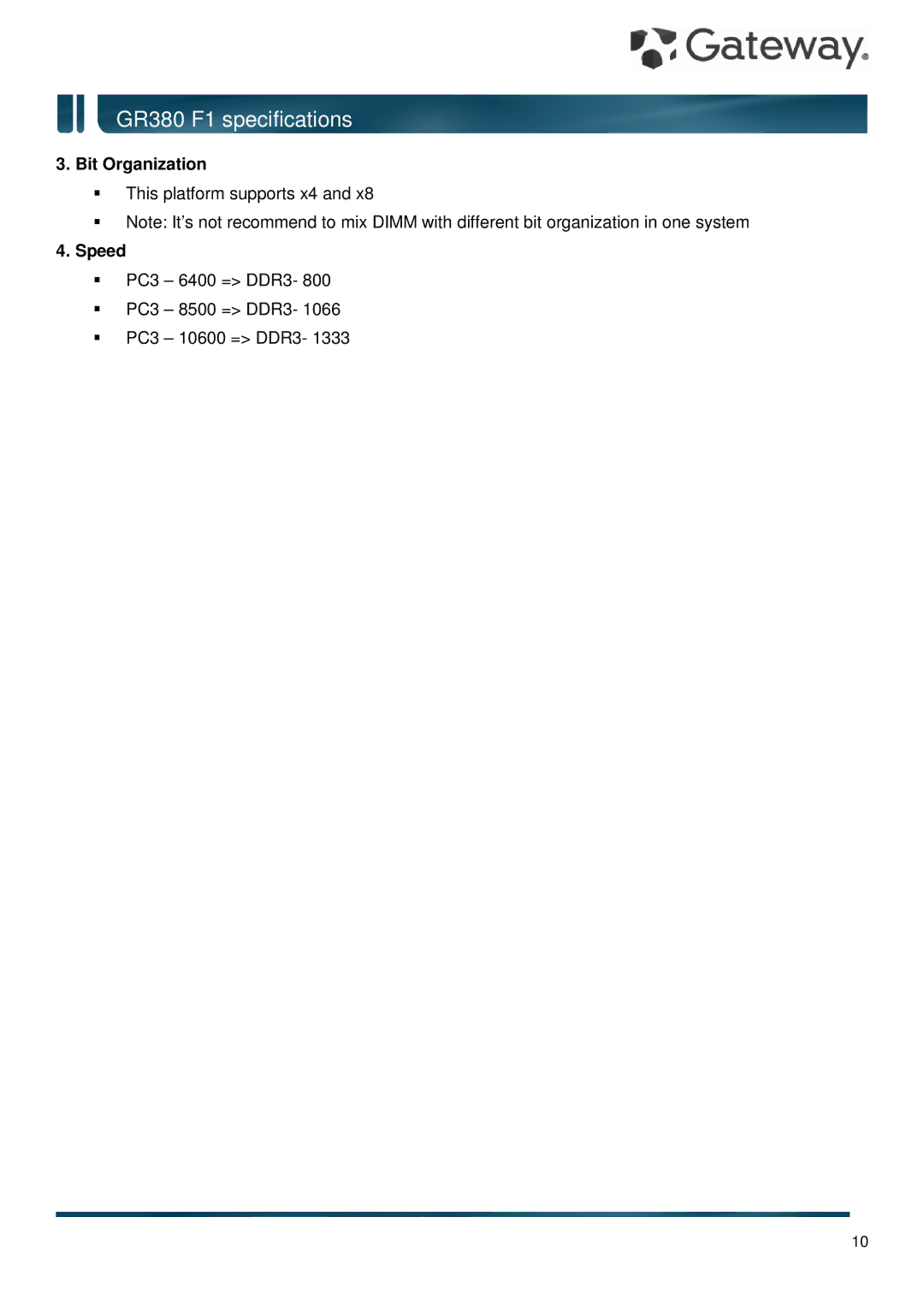 Gateway GR380 F1 specifications Bit Organization, Speed 