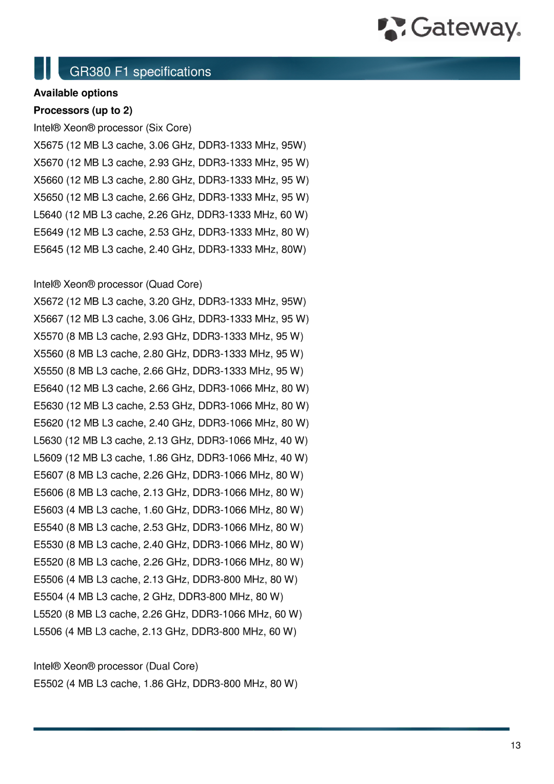 Gateway GR380 F1 specifications Available options Processors up to 