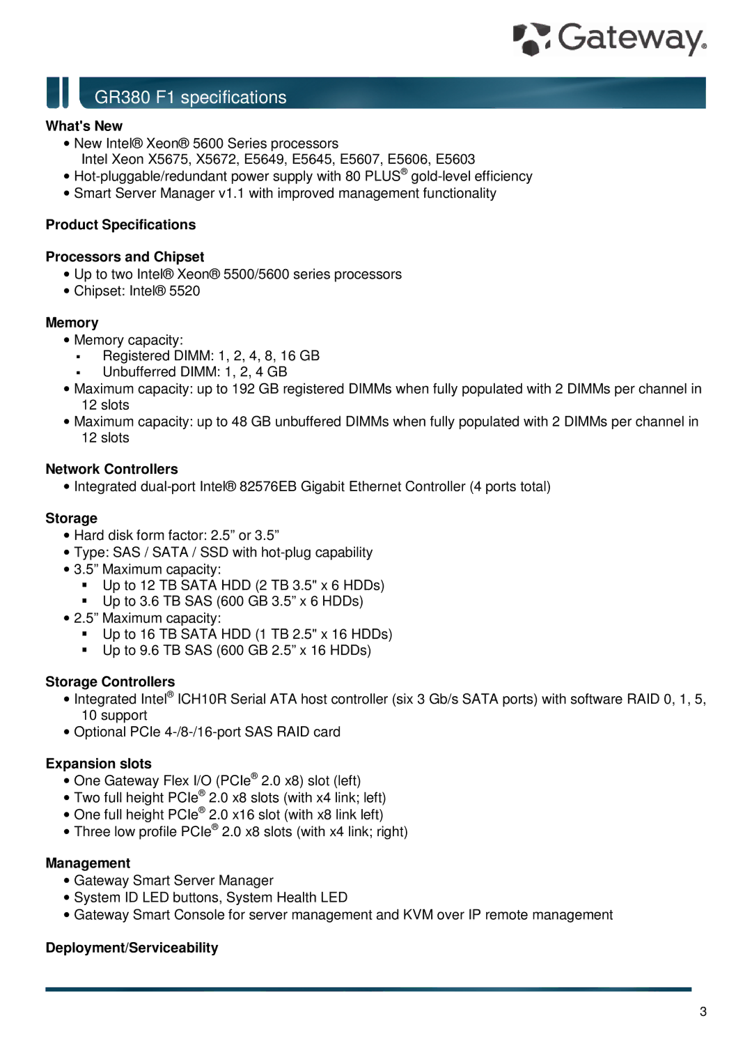 Gateway GR380 F1 Whats New, Product Specifications Processors and Chipset, Memory, Network Controllers, Storage 