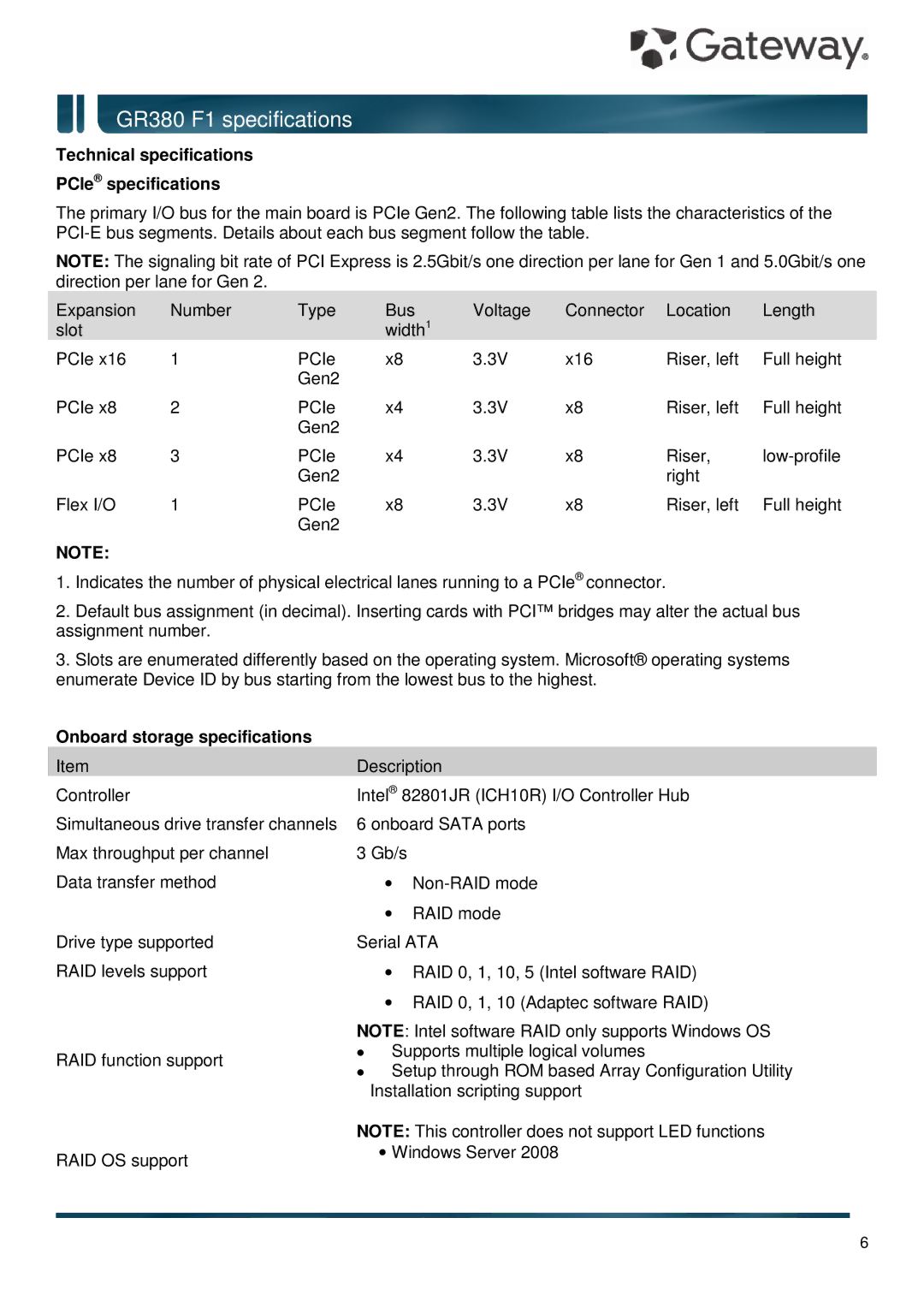 Gateway GR380 F1 Technical specifications PCIe specifications, Onboard storage specifications 