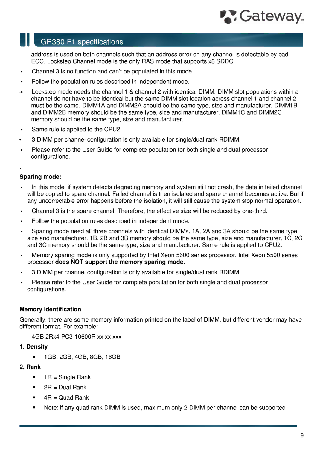Gateway GR380 F1 specifications Sparing mode, Memory Identification, Density, Rank 