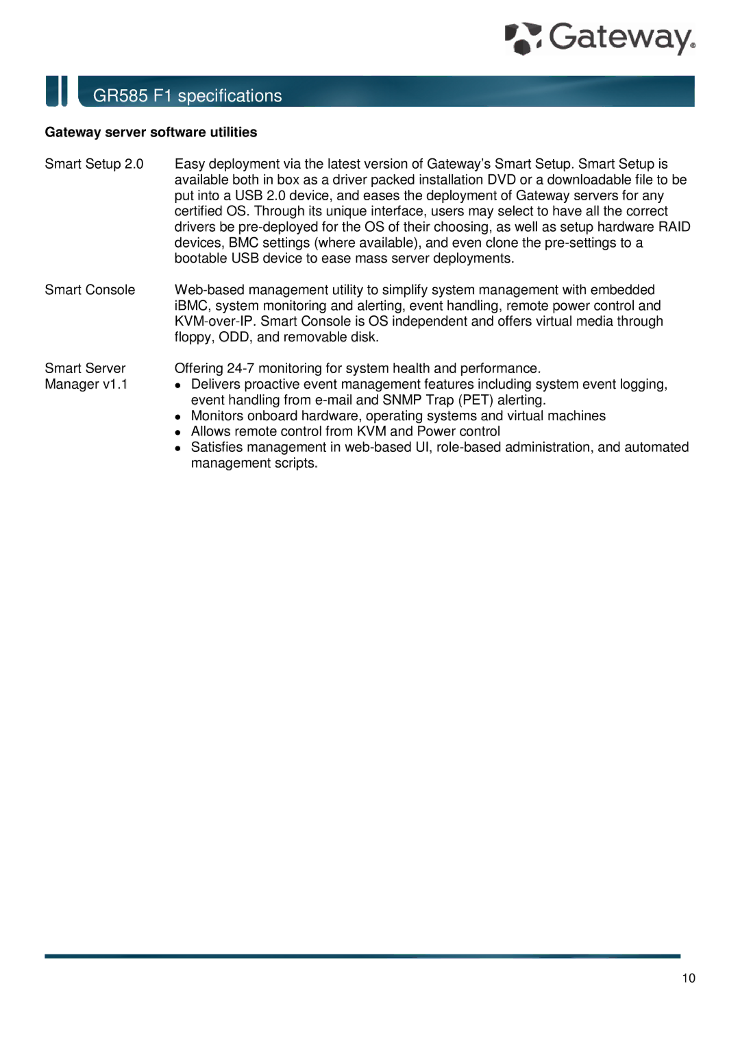 Gateway GR585 F1 specifications Gateway server software utilities 