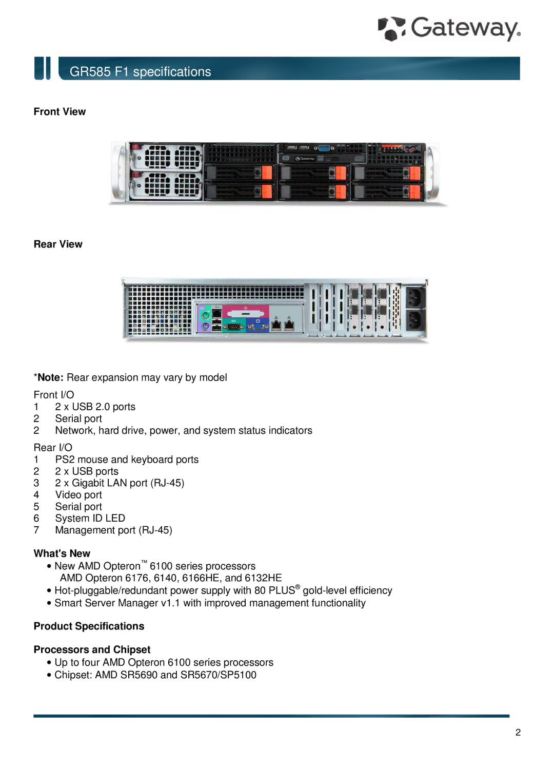 Gateway GR585 F1 specifications Front View Rear View, Whats New, Product Specifications Processors and Chipset 