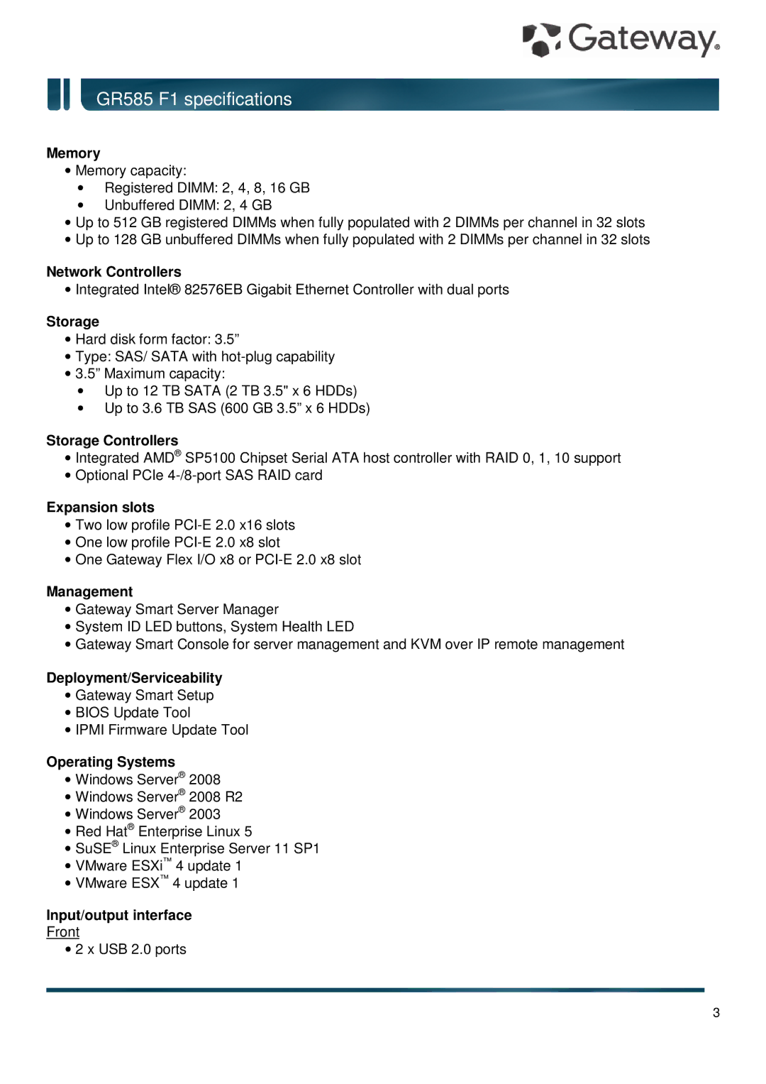 Gateway GR585 F1 Memory, Network Controllers, Storage Controllers, Expansion slots, Management, Operating Systems 