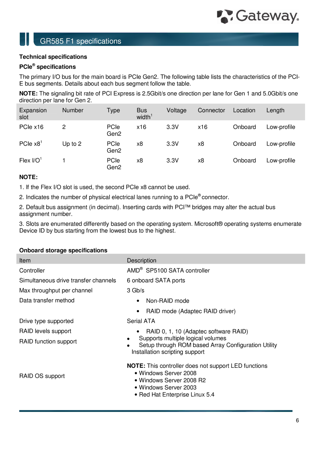 Gateway GR585 F1 Technical specifications PCIe specifications, Onboard storage specifications 