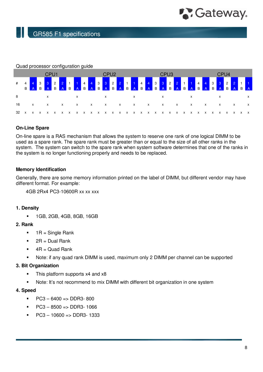 Gateway GR585 F1 specifications On-Line Spare, Memory Identification, Density, Rank, Bit Organization, Speed 