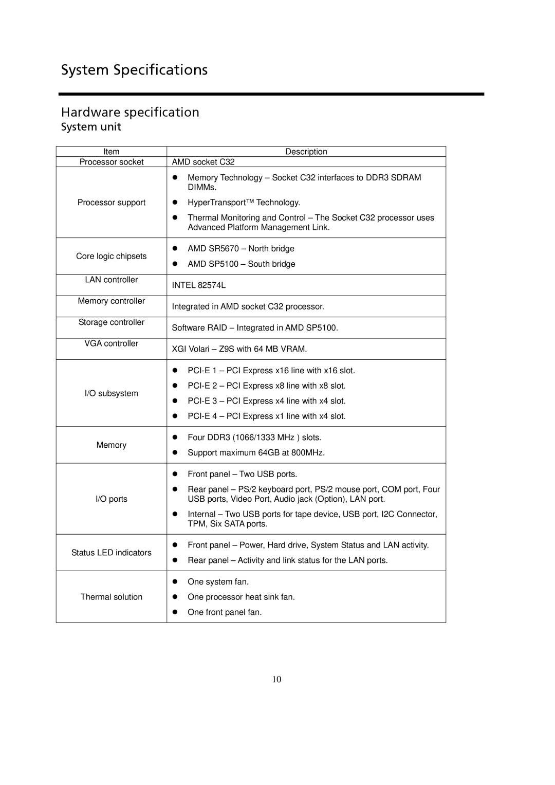 Gateway GT115 manual System Specifications, Hardware specification, System unit 