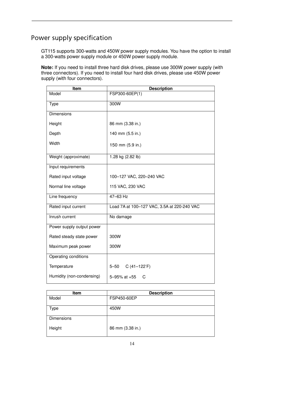 Gateway GT115 manual Power supply specification 