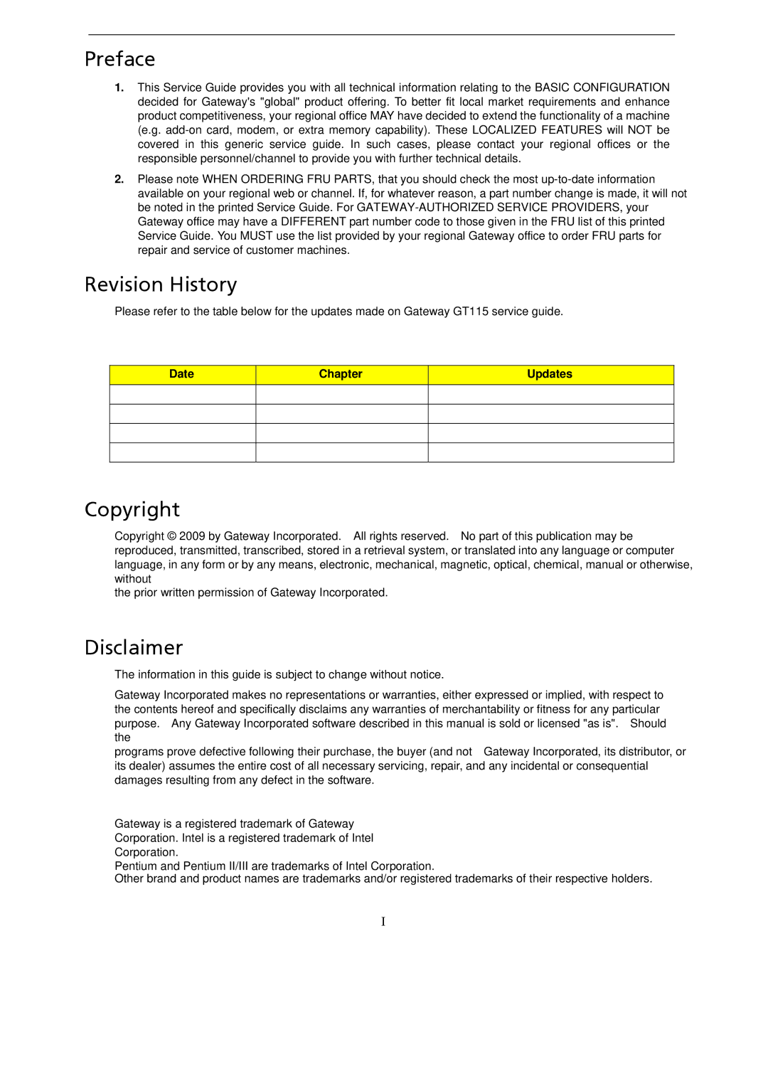 Gateway GT115 manual Preface, Revision History, Copyright, Disclaimer, Date Chapter Updates 