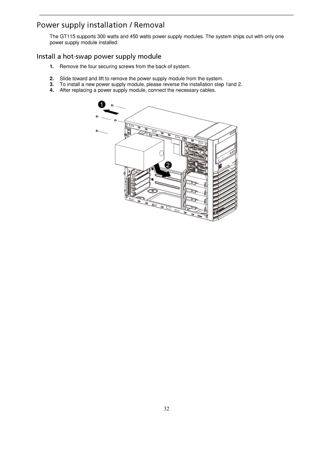 Gateway GT115 manual Power supply installation / Removal, Install a hot-swap power supply module 