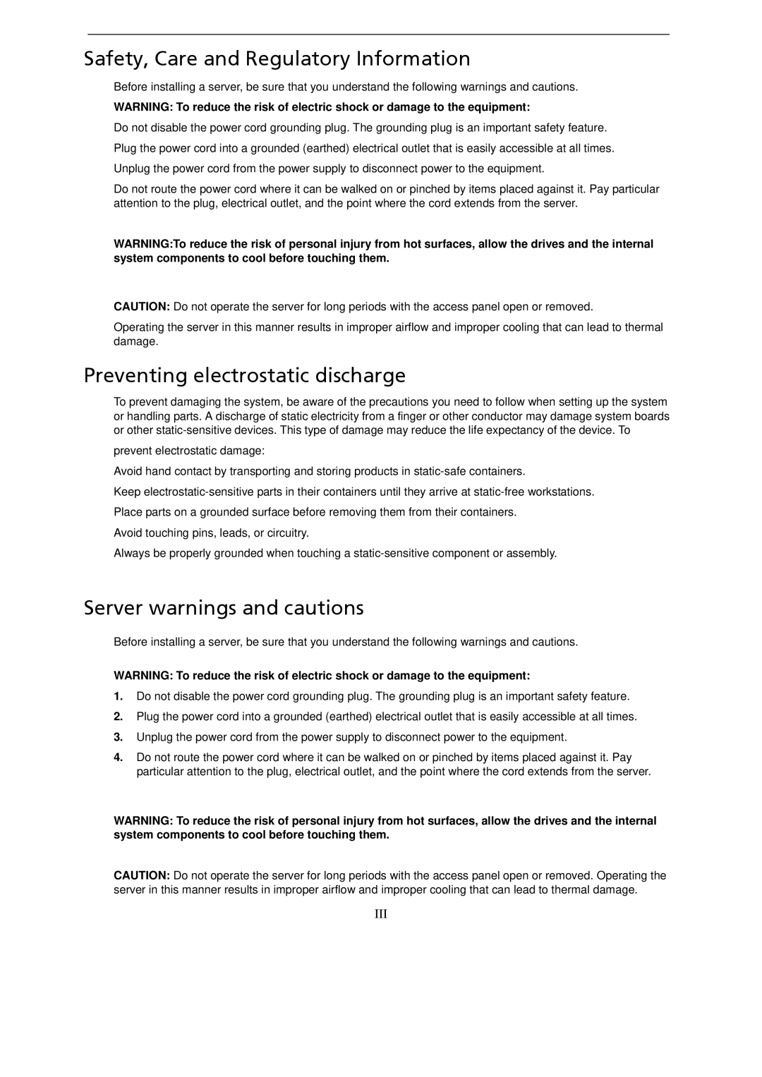 Gateway GT115 Safety, Care and Regulatory Information, Preventing electrostatic discharge, Server warnings and cautions 