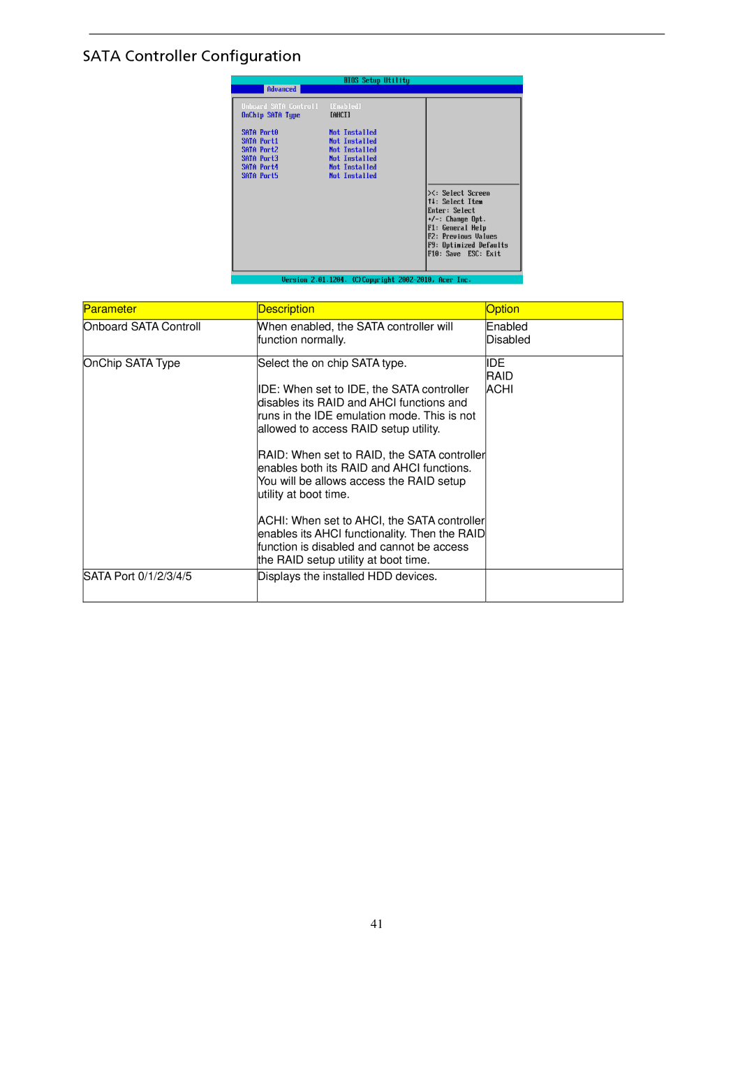 Gateway GT115 manual Sata Controller Configuration, Achi 