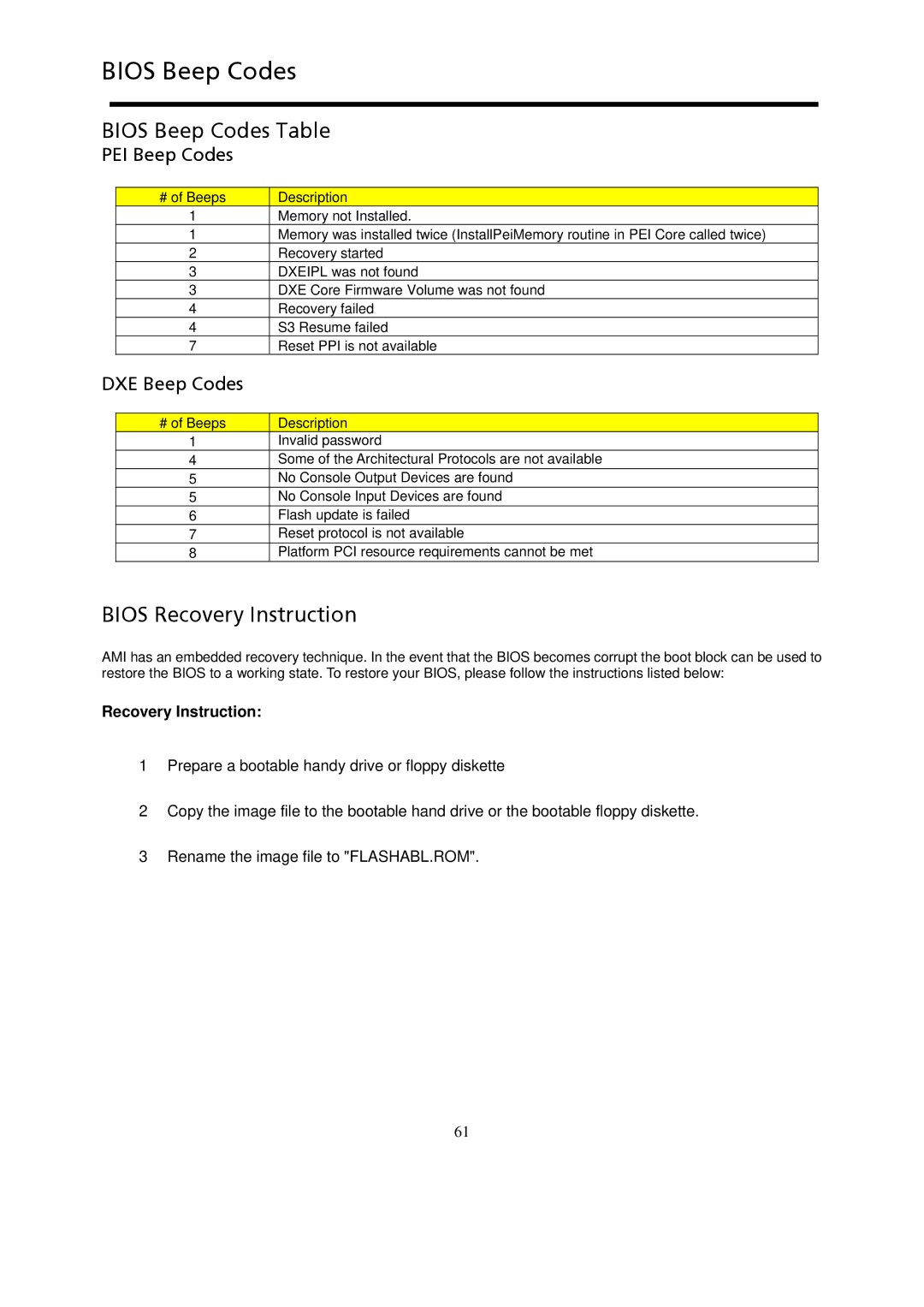 Gateway GT115 manual Bios Beep Codes Table, Bios Recovery Instruction, PEI Beep Codes, DXE Beep Codes 