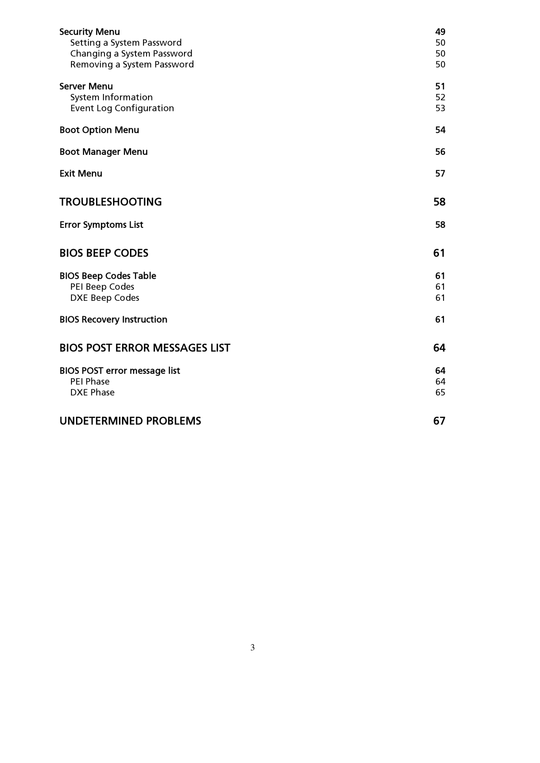 Gateway GT115 manual Security Menu, Error Symptoms List, Bios Post error message list PEI Phase DXE Phase 