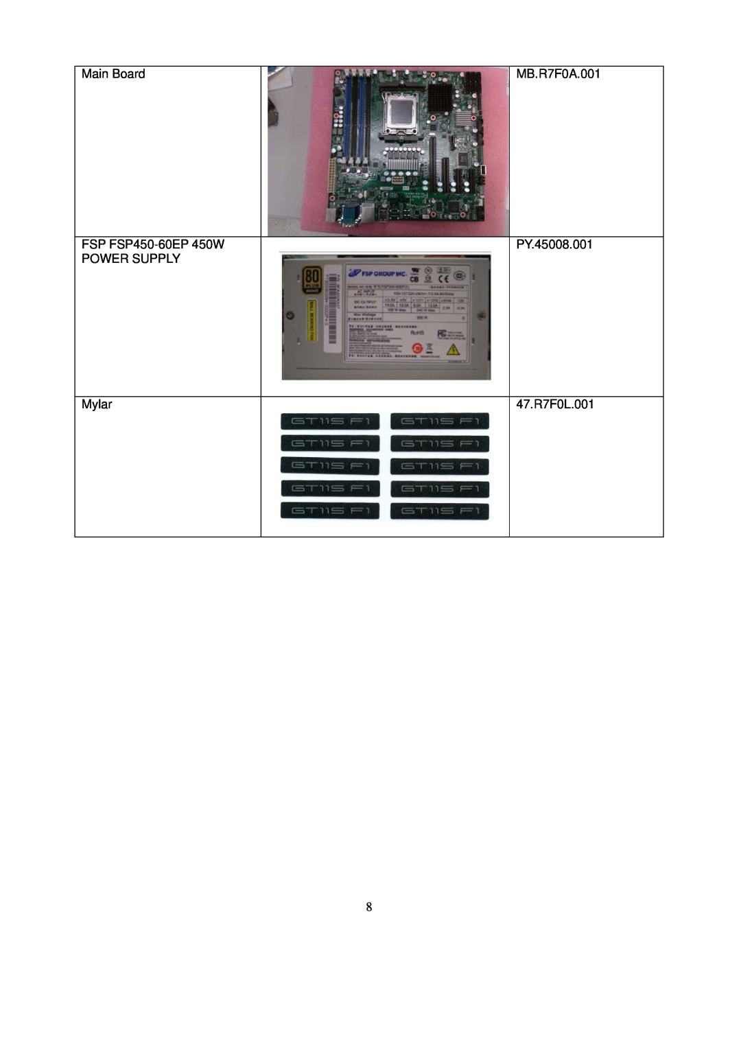 Gateway GT115 manual Main Board, MB.R7F0A.001, FSP FSP450-60EP 450W POWER SUPPLY, PY.45008.001, Mylar, 47.R7F0L.001 