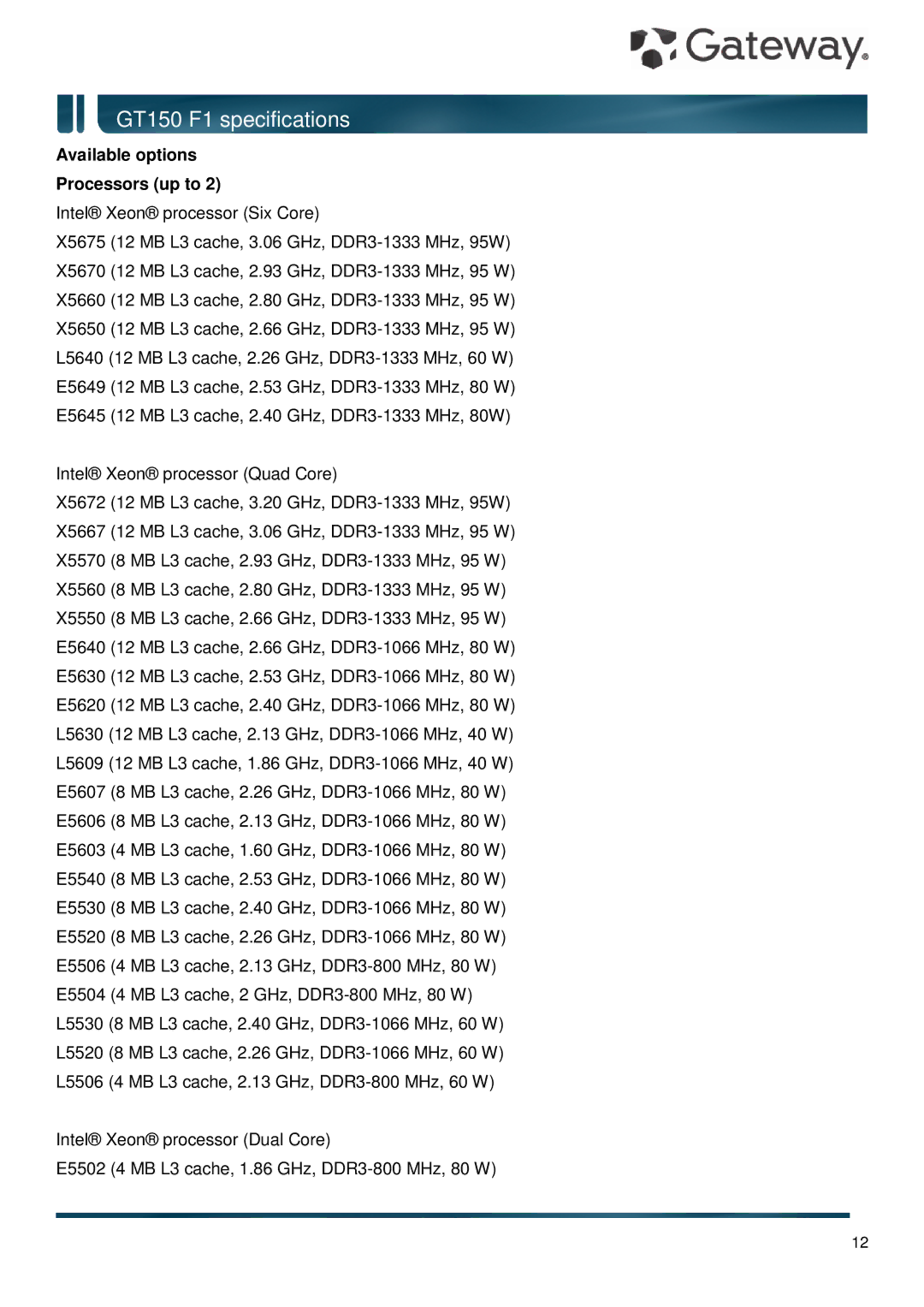 Gateway GT150 F1 specifications Available options Processors up to 
